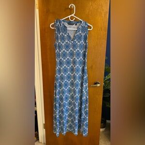 EUC blue and white geometric print maxi dress